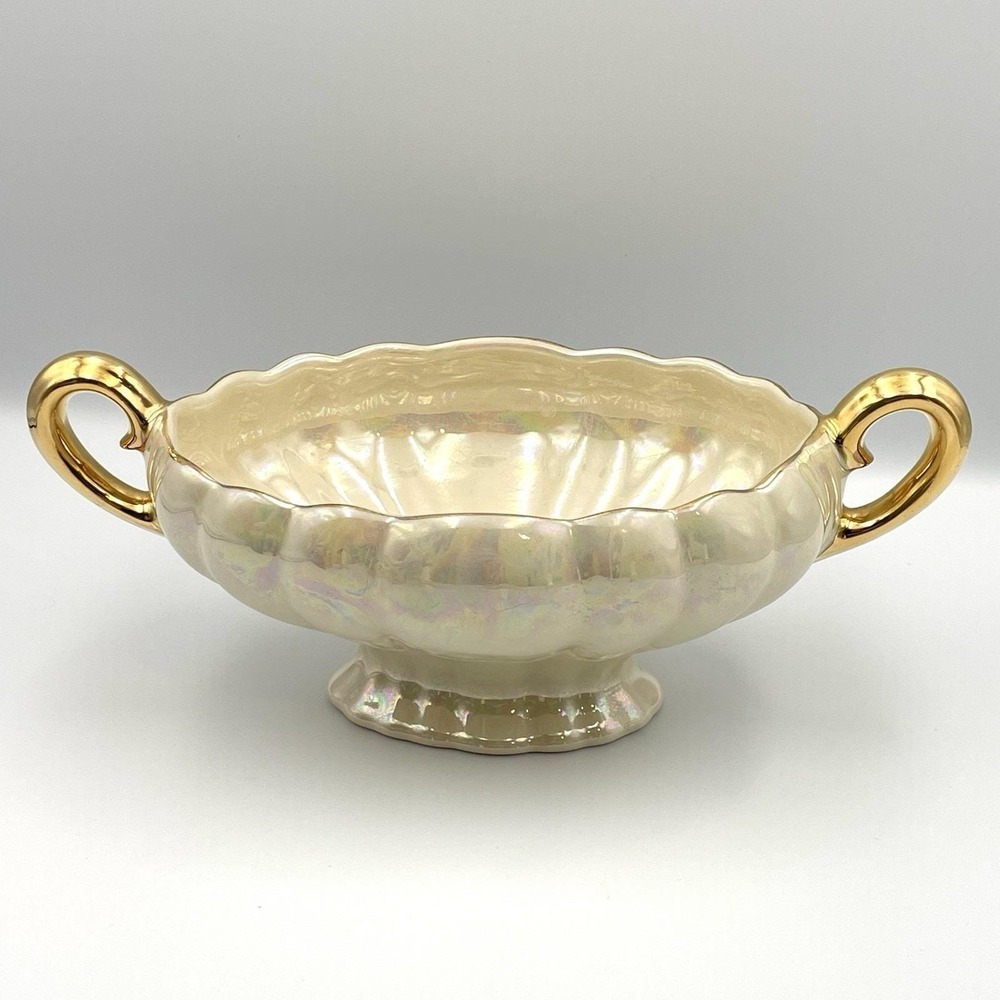 Vintage 1950s Lefton Lusterware Console Bowl 22K Gold‎ Handles 10" Iridescent